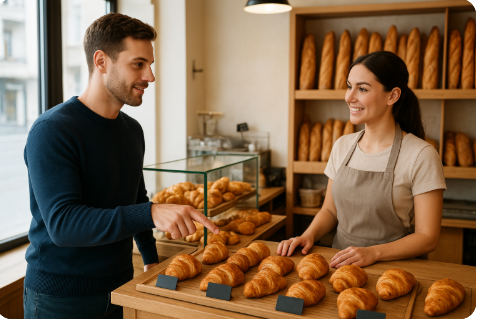 M§A serveuse qui sert un client avec le sourire
